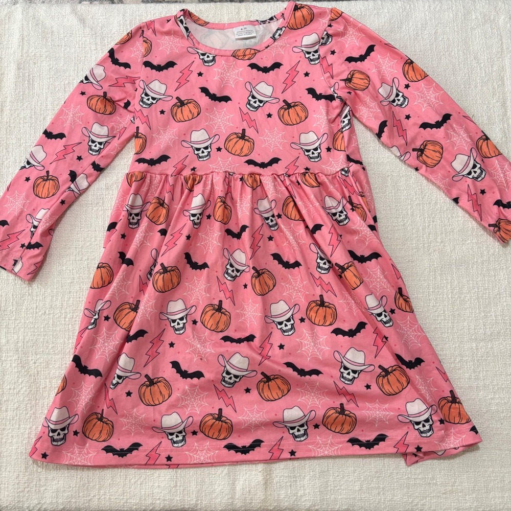 Pink Halloween Cowboy Skull Pumpkin Bat Long Sleeve Skater Dress Kids 6-7Y